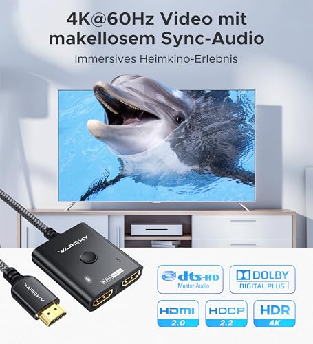 HDMI Switch 2 in 1 Out 4K@60Hz, WARRKY [3.3ft Fixed Braided HDMI Cable, Aluminum Case, HDCP 2.2] Bidirectional 2x1 Switcher (Not Splitter) Compatible for PS5/4, Nintendo Switch, FireStick – Black - color: Black