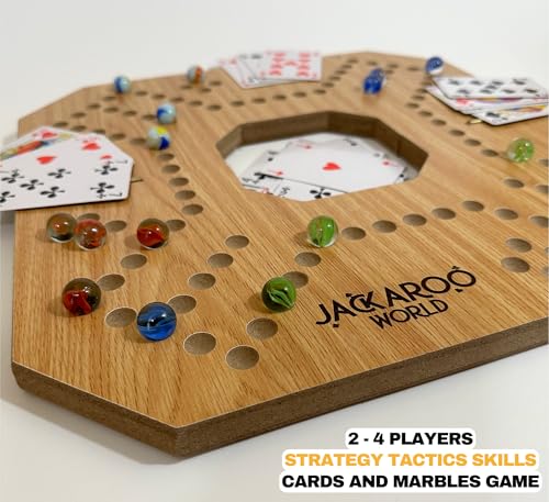 Jackaroo Board Game, 2-4 Player Marble Chase Board Game, Wooden Game with 16 Glass Marbles and 52 Cards, Marbles and Jokers Game, Marble Strategy Game, Foldable Board with Carry Bag for Adults (Oak) - color: Oak