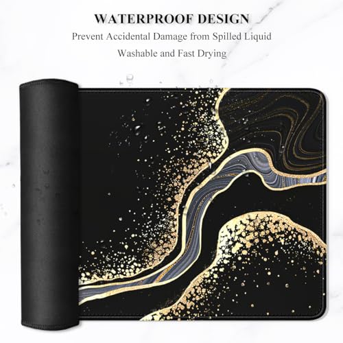 Auhoahsil Extended Mouse Pad, XXL Desk Pad Gaming Mousepad, Large Big Laptop Computer Keyboard Desk Mat with Non-Slip Base Stitched Edge for Gaming Office Men Women, 35.5 x 15.7 in, Black Marble - color: 05 Black Gold Marble, size: XXL - Extended size 35.