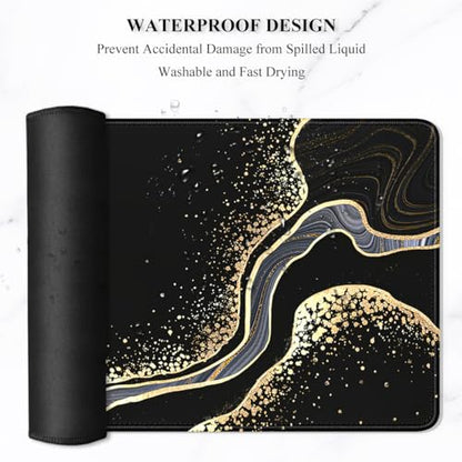 Auhoahsil Extended Mouse Pad, XXL Desk Pad Gaming Mousepad, Large Big Laptop Computer Keyboard Desk Mat with Non-Slip Base Stitched Edge for Gaming Office Men Women, 35.5 x 15.7 in, Black Marble - color: 05 Black Gold Marble, size: XXL - Extended size 35.
