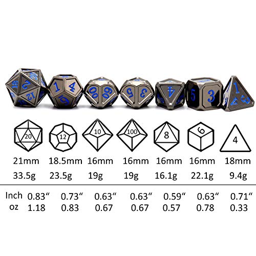 Haxtec Metal DND Dice Set, 7 Pcs Black Polyhedral Dice for Table Games | Blue Numbers D&D with Metal Case, Compatible with Dungeons and Dragons, Heavy Metallic 7 die, RPG Gifts for Board Games - color: Black Blue