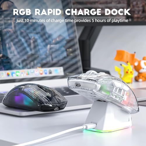 ATTACK SHARK X2 Pro Wireless Gaming Mouse with RGB Charging Dock,Tri-Mode PC Gaming Mice 2.4G/Bluetooth/Wired,Noiseless Mouse RGB Backlit,Transparent Shell,PixArt 3212 4000 DPI,for Win/MAC,White - color: White PRO