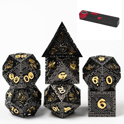 UDIXI Metal DND Dice Set Polyhedral D&D Dragon Metal Dice for RPG (Black) | 7-Pieces, Dragon Carved, Chain-edge Design, Metal Gift Box, DM Gift, for Dungeons and Dragons Role Playing Games - color: Chain Frame-black Golden