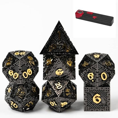 UDIXI Metal DND Dice Set Polyhedral D&D Dragon Metal Dice for RPG (Black) | 7-Pieces, Dragon Carved, Chain-edge Design, Metal Gift Box, DM Gift, for Dungeons and Dragons Role Playing Games - color: Chain Frame-black Golden