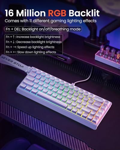 SEUNKWANG F68 Gaming Keyboard, Portable 60% Compact Mini Keyboard with 68 Round PBT Keycaps, Wired RGB Backlit Mechanical Feel Keyboard for PC Laptop Windows Gamer, White