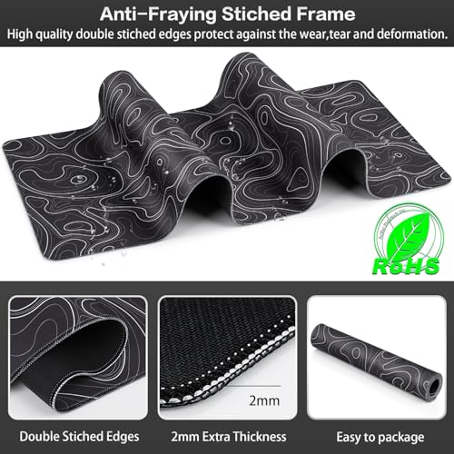 Canjoy Gaming Mouse Pad, Topographic Large Mouse Pads for Desk 35.4x15.7in | Full Desk Mousepad Keyboard Mat Big Large Extended Mouse Pad Computer Mat with Anti-Slip & Double Stitched - color: Black Topographic, size: 900*400mm