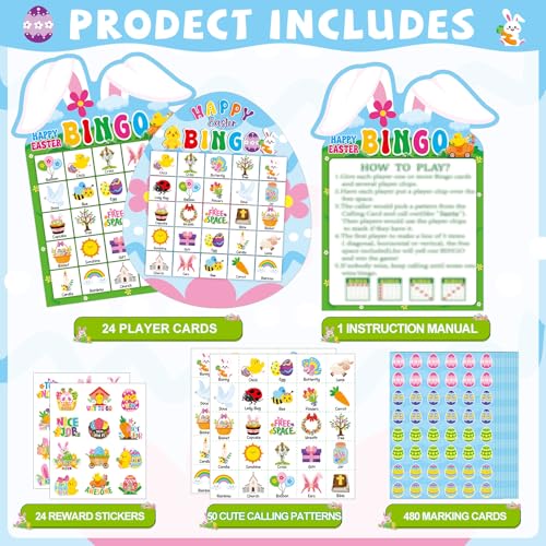 Lonfliness 39Pcs Easter Bingo Game for Adults Kids 24 Players Easter Bunny Egg Shape Bingo Game Cards with Reward Stickers for Family Friends Large Group Activities Happy Easter Spring Party Favors - style: Easter