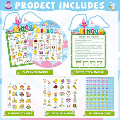 Lonfliness 39Pcs Easter Bingo Game for Adults Kids 24 Players Easter Bunny Egg Shape Bingo Game Cards with Reward Stickers for Family Friends Large Group Activities Happy Easter Spring Party Favors - style: Easter
