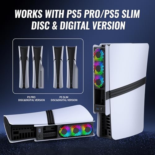 Cooling Fans for PS5 Pro/Slim, Adjustable 3 Speed Fans with LED Light, Quiet and Efficient Cooling System,USB 3.0 Port for PlayStation5 Pro/Slim Disc/Digital Edition Console-Black&White - color: Black&White