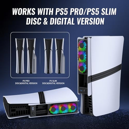 Cooling Fans for PS5 Pro/Slim, Adjustable 3 Speed Fans with LED Light, Quiet and Efficient Cooling System,USB 3.0 Port for PlayStation5 Pro/Slim Disc/Digital Edition Console-Black&White - color: Black&White