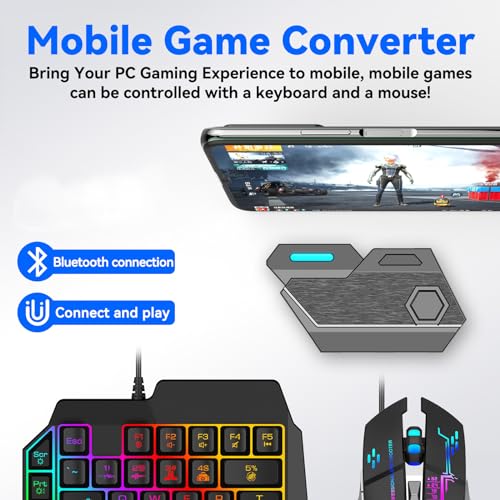 One Handed Gaming Keyboard and Mouse Combo, RGB Backlit 35 Keys Half Hand Gaming Keyboard and Mouse Set with Wrist Rest Support and Converter for PC