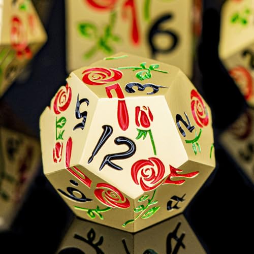 Gothic DND Dice Set Bleeding Rose Metal D and D Dice for use with Dungeons Dragons D&D Role Playing Game, Red RPG Blood Polyhedral Dice Set D20 D12 D10 D8 D6 D4 - color: Red&gold&black Numbers