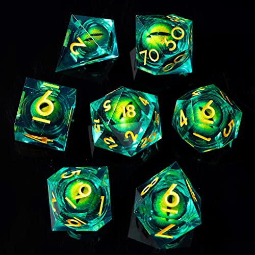 Beholder'S Eye DND Dice- Dragon Eye Liquid Core Sharp Edge Handmade Dice Set for Dungeons and Dragons Ttrpg, Multi-Sided RPG Polyhedral Resin Roleplaying （Green Dragon Eyes） - color: Dragon Eye-green