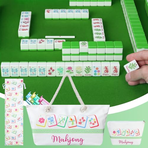 Ceenna American Mahjong Set Complete 160 Pcs Tile/Pushers/Carrying Bag/dice/Chips, 1.2 Inch Green Back Melamine Mahjong Tiles, Hand Carved Pattern for Adult Mah Jong, Beginners (Classic) - style: Classic