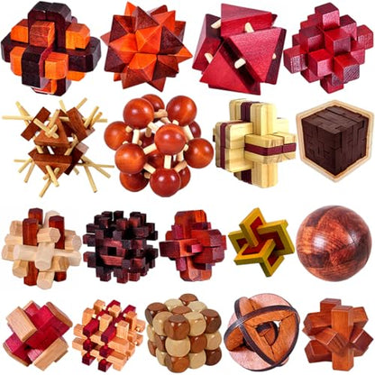 18 Pack Large Wooden Brain Teaser Puzzles Wooden Burr Puzzles Brain Teaser Puzzle with Gift Packing Box Magic Puzzle Games Toys Stocking Stuffers Party Favors for Kids and Adults (Classical Wood) - style: Classical Wood