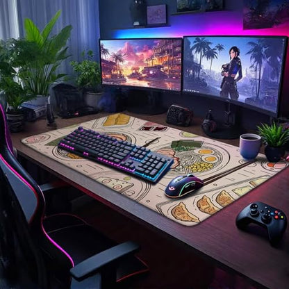 Japanese Ramen Large Gaming Mouse Pad Desk Mat XXL 31.5"x15.7" | Extended Mousepad, Non-Slip Rubber Base , Stitched Edges, for Computer/Laptop/Office/Home - color: Illustrated Food Pattern