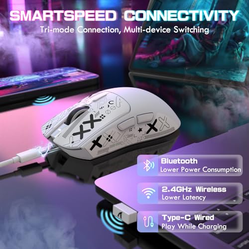 ATTACK SHARK X1 Ultralight Tri Mode Wireless 40000 DPI Gaming Mouse-White | Magnetic RGB Charging Dock,Anti Slip Grip Tape,PixArt PAW3395 Pro Optical Sensor,BT/2.4Ghz/Wired,Driver for PC Win Mac Gamer - color: White+Grip Tape