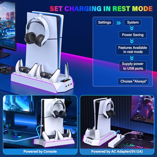 PS5 / PS5 Slim Cooling Station with Controller Charging Station - LED Light Cooling Stand for Playstation 5 Slim Disc/Digital Console, Accessories Incl RGB Light/Cooler Fan/3 USB Hubs/Headset Holder