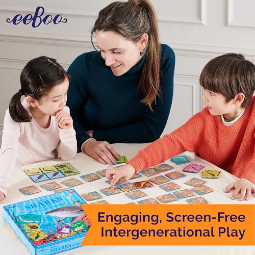 eeBoo Shiny Sharks & Friends Memory & Matching Game, Ages 3+, 1-4 Players | Introduces sharks & marine life. Sharpens recognition, concentration & memory skills. Includes 48 foil tiles, 24 pairs - style: Shiny Sharks & Frinds