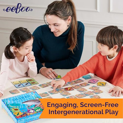 eeBoo Shiny Sharks & Friends Memory & Matching Game, Ages 3+, 1-4 Players | Introduces sharks & marine life. Sharpens recognition, concentration & memory skills. Includes 48 foil tiles, 24 pairs - style: Shiny Sharks & Frinds