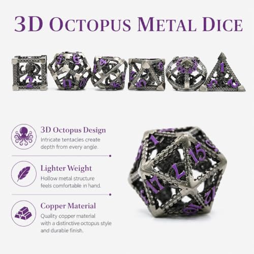 DND Dice Set,3D Octopus Hollow Metal 7-Die,Purple Numbers | Lightweight Copper Dice,Easy-To-Read Numbers,a Gift Box and Velvet Bag for RPG Play,Gifting and Collecting. - color: Cthulhu Purple Number