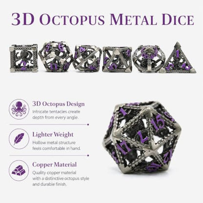 DND Dice Set,3D Octopus Hollow Metal 7-Die,Purple Numbers | Lightweight Copper Dice,Easy-To-Read Numbers,a Gift Box and Velvet Bag for RPG Play,Gifting and Collecting. - color: Cthulhu Purple Number