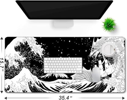 Large Gaming Mouse Pad, Waterproof Extra Large Big Mouse Pad with Stitched Edge, XXXL Non-Slip Black Computer Long Mousepad for Gamer, Office & Home, Black White Dragon - color: Dragon, size: 35.4L x 15.7W inches