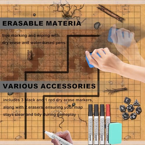 DND Map 32 Terrain 24” x 36",17” x 17",13” x 17" | Double Sidedv Grids Dry Erase Battle Mats for Dungeons & Dragons Game with Dice Set,Clips,Eraser,Markers