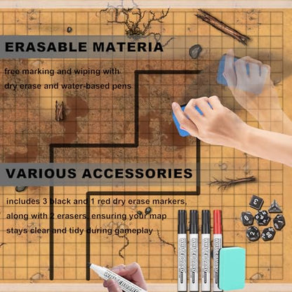 DND Map 32 Terrain 24” x 36",17” x 17",13” x 17" | Double Sidedv Grids Dry Erase Battle Mats for Dungeons & Dragons Game with Dice Set,Clips,Eraser,Markers