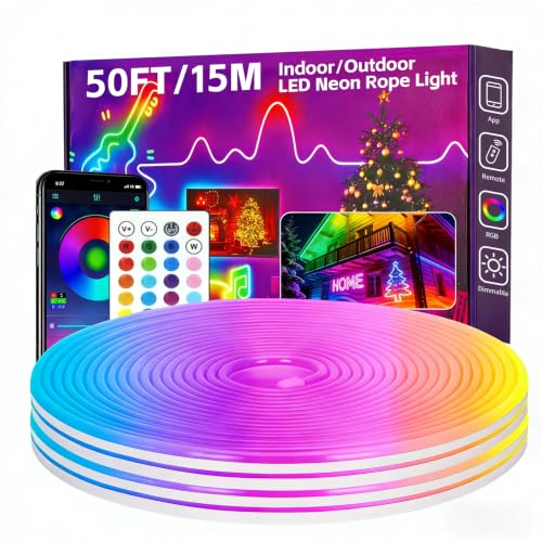 50FT RGB LED Neon Rope Lights, App & Remote Control, Flexible Waterproof IP65 Led Strip Lights, Music Sync Color Changing Multiple Modes Neon Lights for Bedroom Gaming Room Indoor & Outdoor Decor - size: 50FT