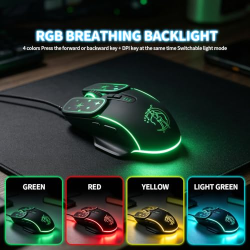 Wired Gaming Mouse, Lightweight USB Optical Computer Mice with 7 Buttons, 4 Adjustable DPI (1200-7200), Ergonomic Shape for Computers and Laptops, Black - color: Black