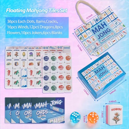 BOATWAY Mahjong Floating Tile Sets, 160 American Mahjong Tiles Waterproof EVA Foam Tiles with Storage Bag Dice & Rule Cards, Portable Pool Party Game for Adults, 1.4 Inch