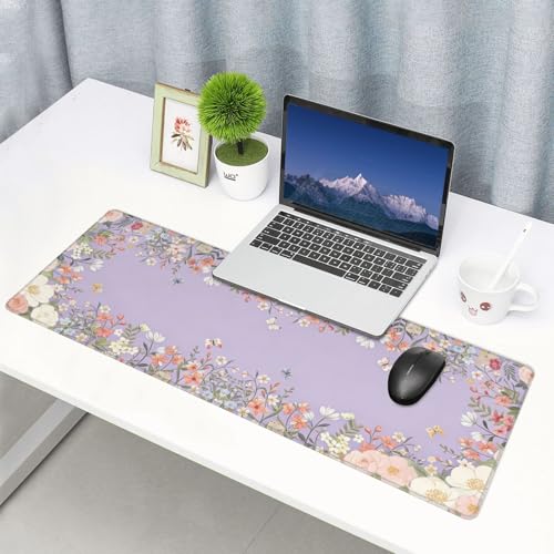 Large Gaming Mouse Pad Desk Mat, Purple Girly Floral Extended Keyboard Mouse Pad Mousepad with Non-Slip Base and Stitched Edge Mouse Mat Desk Pad Mouse Pads for Desk Home Office, 31.5 x 11.8 - color: Girly Floral Purple
