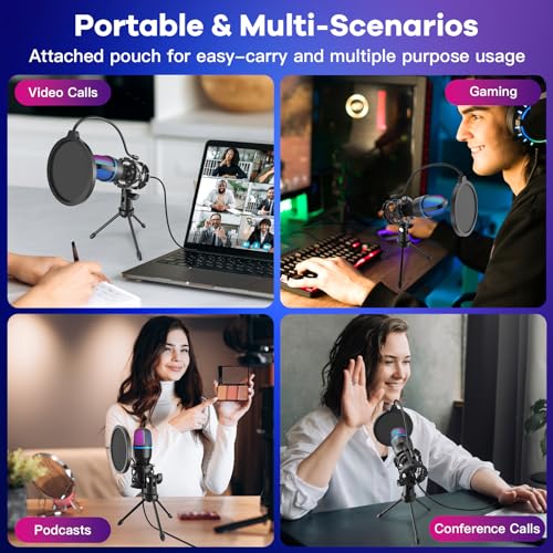 USB PC Condenser Microphone, RGB Light with Tripod & Accessories for Compatible with PS4/5 PC Podcast Streaming