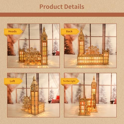 Music Park 3D Wooden Puzzle, Big Ben with LED | Big Ben clock with LED night light and London Eye Ferris wheel. DIY model building kit. Home decor gift. - color: Big Ben