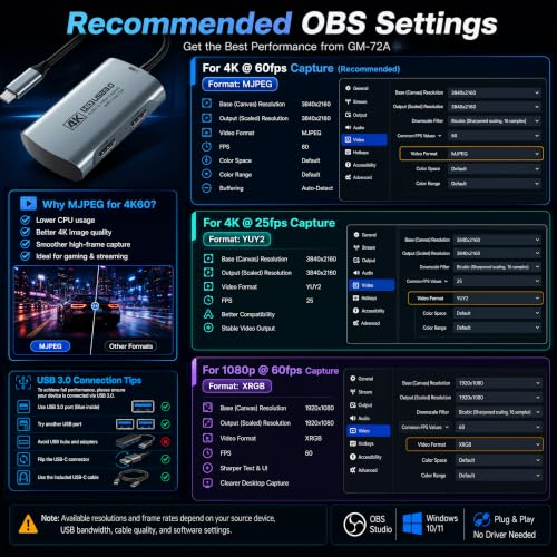 Guermok 4K@60FPS Capture Card for Streaming, 2K@120FPS USB 3.0 HDMI to USBC Camera Video Capture, 4K60 Passthrough, 3.5mm Audio in & Mic Out, Works with Switch 2/1, PS5/4, Xbox, Pad, Mac, PC