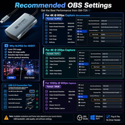 Guermok 4K@60FPS Capture Card for Streaming, 2K@120FPS USB 3.0 HDMI to USBC Camera Video Capture, 4K60 Passthrough, 3.5mm Audio in & Mic Out, Works with Switch 2/1, PS5/4, Xbox, Pad, Mac, PC