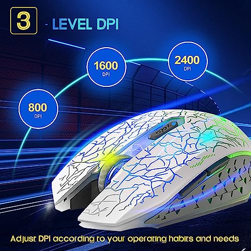 VEGCOO C10 Wireless Gaming Mouse, Rechargeable Gaming Mouse, Silent Optical Mice with 2.4G USB Receiver, 3 Ajustable DPI, 7 Colorful LED Lights for Gamer (White) - color: white