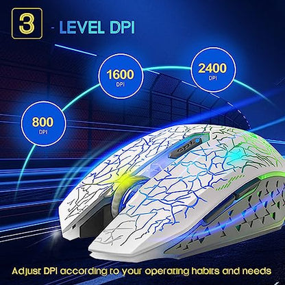 VEGCOO C10 Wireless Gaming Mouse, Rechargeable Gaming Mouse, Silent Optical Mice with 2.4G USB Receiver, 3 Ajustable DPI, 7 Colorful LED Lights for Gamer (White) - color: white