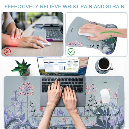 MEGREZ 4-in-1 Mouse Pad with Wrist Rest Ergonomic Memory Foam Desk Mat Set | ergonomic, anti-slip base, 4pcs set, desk pad, mouse wrist rest, keyboard rest, coaster, ideal for office & gaming - color: Bluegray