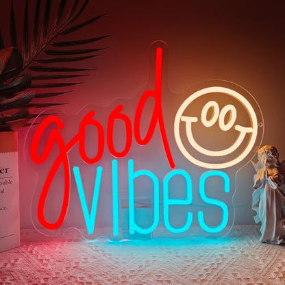 Good Vibes Neon Sign, Smile Face LED Neon Light for Wall Decor Good Vibes Light Up Lamp for Bedroom Dorm Game Room Wall Art Party Decorations Gift USB Powered(14.2"*11.8") - style: Good Vibes
