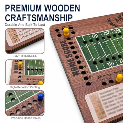 Football Dice Challenge, Premium Wooden Board Game with Scoring Tray, Competitive Sports Themed Dice Game with 20 Pawns and 3 Dice, Portable Travel Set for 2-5 Players