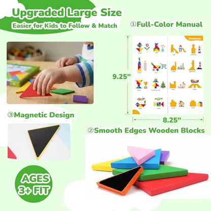 BenBen Travel Tangram Puzzle with 2 Sets Magnetic Wooden Shapes for Kids | Extra Large Dual-Sided Magnet Surface, Color Pattern IQ Book, Road Trip Car Plane Game, Educational STEM Toys for Kids Adults - style: 14 Pieces Blocks