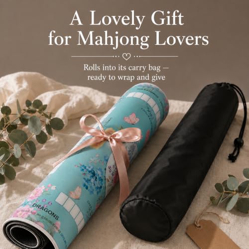 Blue Mahjong Mat for Table with Rules, 31.5" x 31.5", Anti-Slip | Neoprene Rubber Game Mat with Carrying Bag; Chinoiserie Mah Jong Table Cover for Board, Poker, Card Games and Gifts for Women - color: Blue