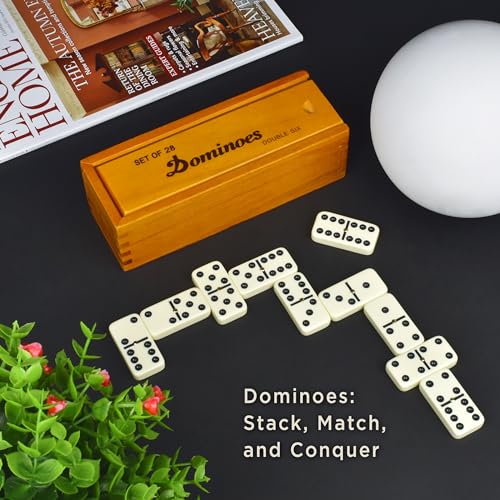 Queensell Dominos Set for Adults, Double 6 Dominoes Set with 28 Tiles in Wooden Case, Classic Dominoes, Family Board Game for Kids & Adults, Travel Game for Family Game Night, Juegos de Mesa - style: Medium