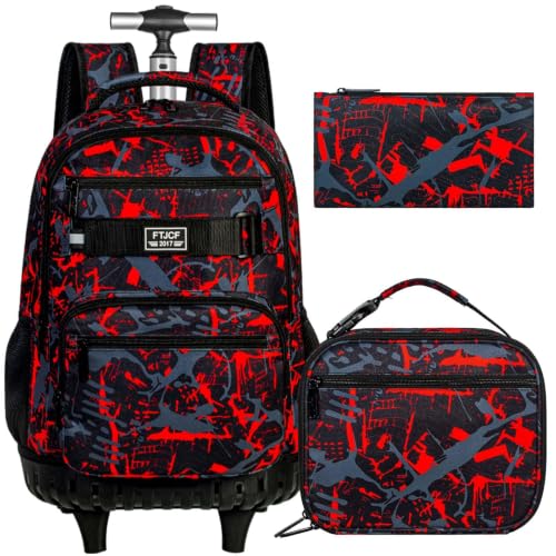 3Pcs Rolling Backpack for Boys Men, Travel Wheeled Backpacks for Adults, Teens College Roller Bookbag with Wheels for Men(Red) - color: Airbrush Red