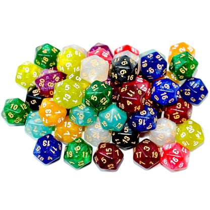 SmartDealsPro 50-Pack D20 20 Sided Dice Polyhedral Dice with Pouch for DND RPG MTG Table Game (D20, Glitter Color) - color: Glitter Color, style: D20
