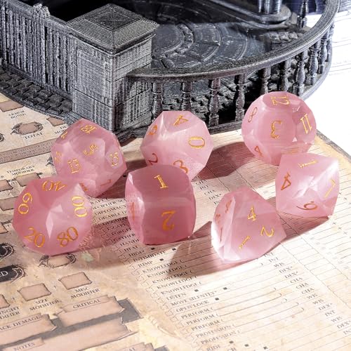 Pink Cat's Eye Dice Set, 7-Piece Handcrafted Polyhedral Dice with Gold Engraving, Ideal for D&D, RPG, MTG&Tabletop Games, Gift Box Included (Cat's Eye - Pink) - color: Cat's Eye - Pink