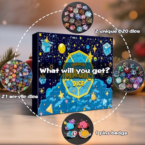 Mystery Dice Box - 24 Pcs Polyhedral Dice, Dice Advent Calendar | Random Styles Dice & Pins, Bulk DND Dice, Gifts for Dungeons and Dragons, MTG, Game Night, Dice Goblins, RPG Players & DMs - style: Mystery Dice Gift Box (24 Holes)