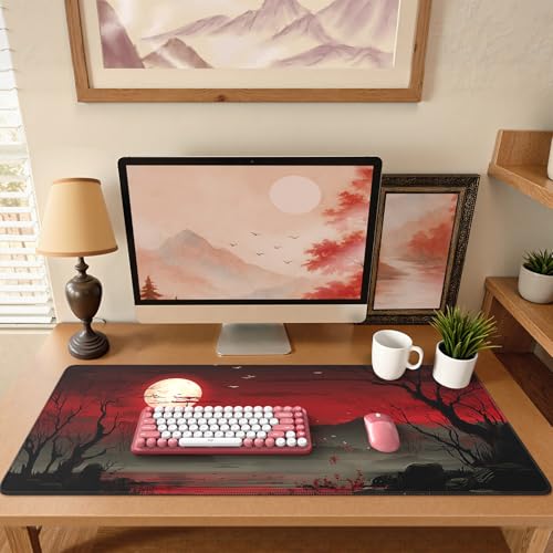 iCasso Desk Protector Mat, Large Japanese Mouse Pad, Full Moon | Stable Rubber Base Mousepad with Stitched Edges, Keyboard Mouse Mat Desk Pad for Work, Office, Home, Game - color: Full Moon